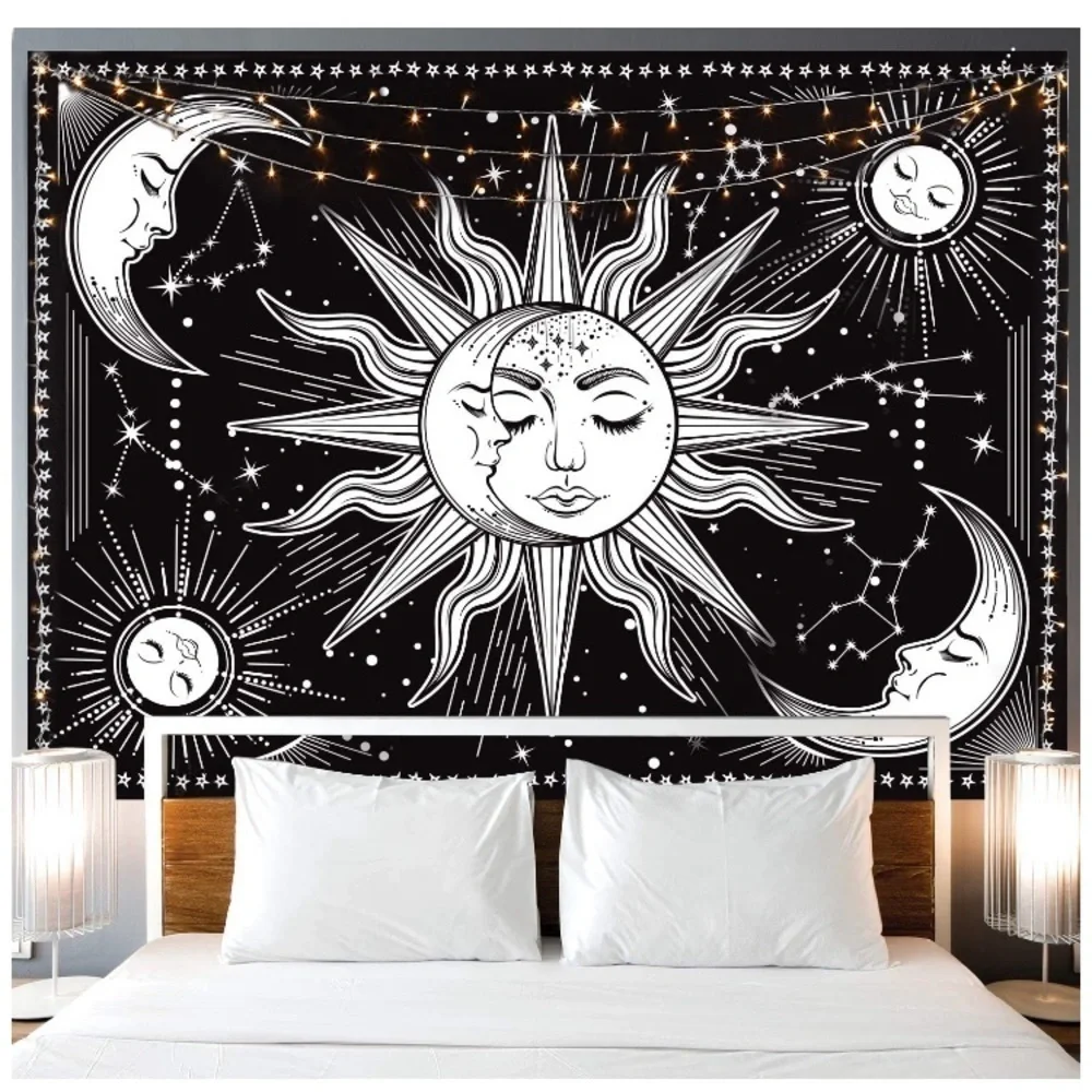 Hippie Sun/Moon Constellation Retro Black/White Tapestry Wall Dorm/Room Art Deco - Picture 2 of 5